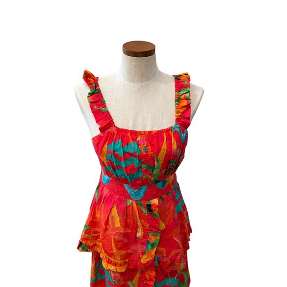 Farm Rio Ipanema Midi Ruffle Dress Red Tropical Print S - Picture 3 of 12